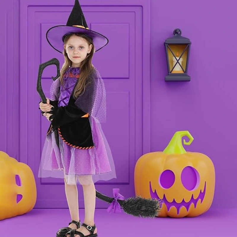 Costume da strega per bambini del giorno del personaggio del libro di fiabe con finiture in pizzo
